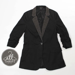 Black Studded Jacket Ruched 3/4 Sleeve Glam Rock